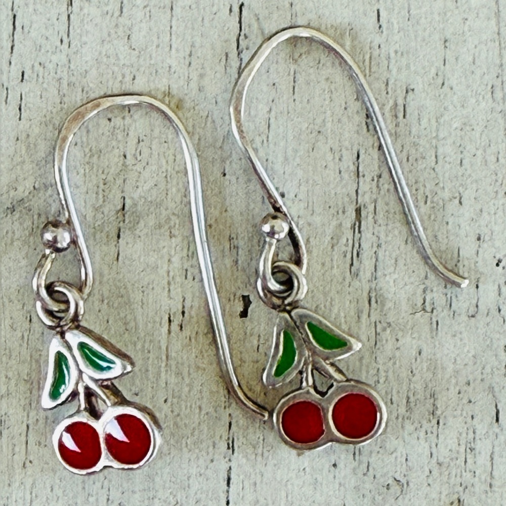 Tiny Sterling Enamel Cherry Pierced Earrings